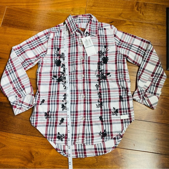7 for All Mankind Plaid Long Sleeve Embroidered Button Down Shirt Girls Size 5 - Picture 1 of 7